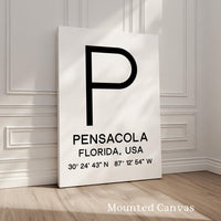 Pensacola, Florida with GPS Coordinates Minimalist Typography Art Print