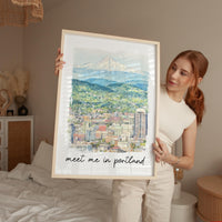 Meet Me in Portland Print,  Portland Skyline Art with Mount Hood - Travel Wall Decor