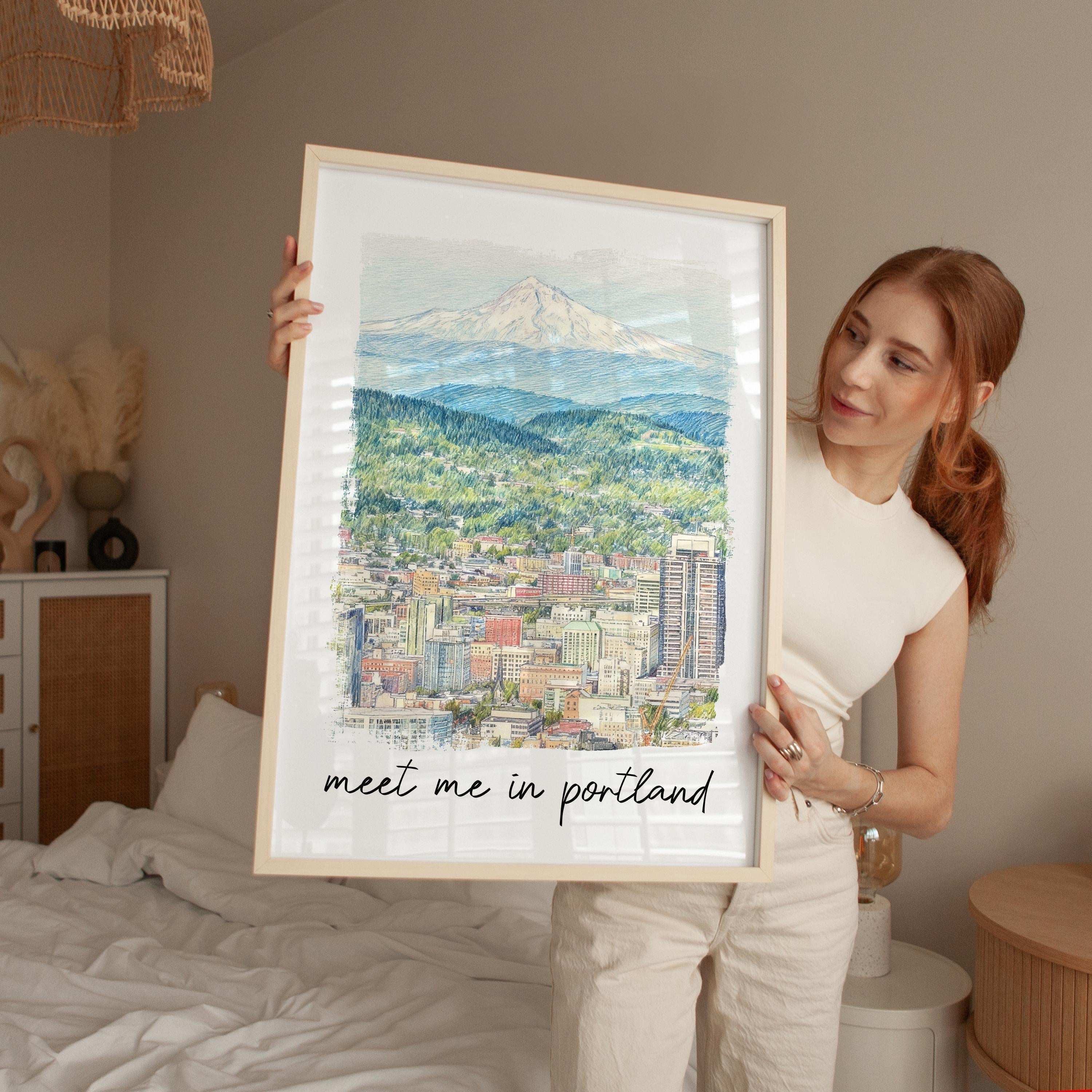 Meet Me in Portland Print,  Portland Skyline Art with Mount Hood - Travel Wall Decor
