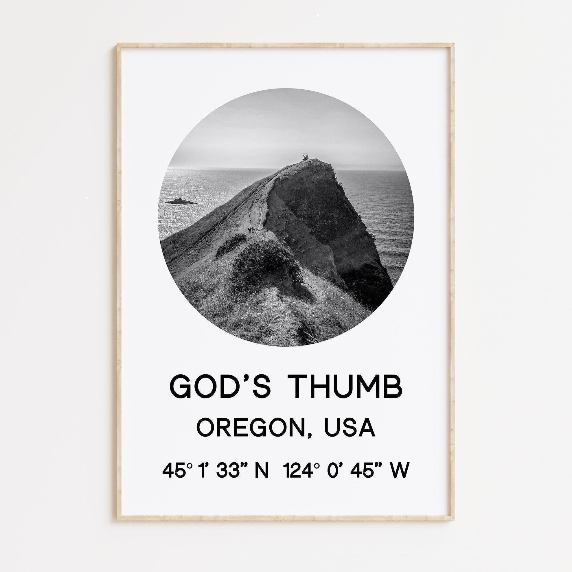 God's Thumb, Oregon with GPS Coordinates Art Print,  Travel - Explore - Hike - Nature