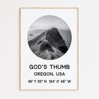 God's Thumb, Oregon with GPS Coordinates Art Print,  Travel - Explore - Hike - Nature