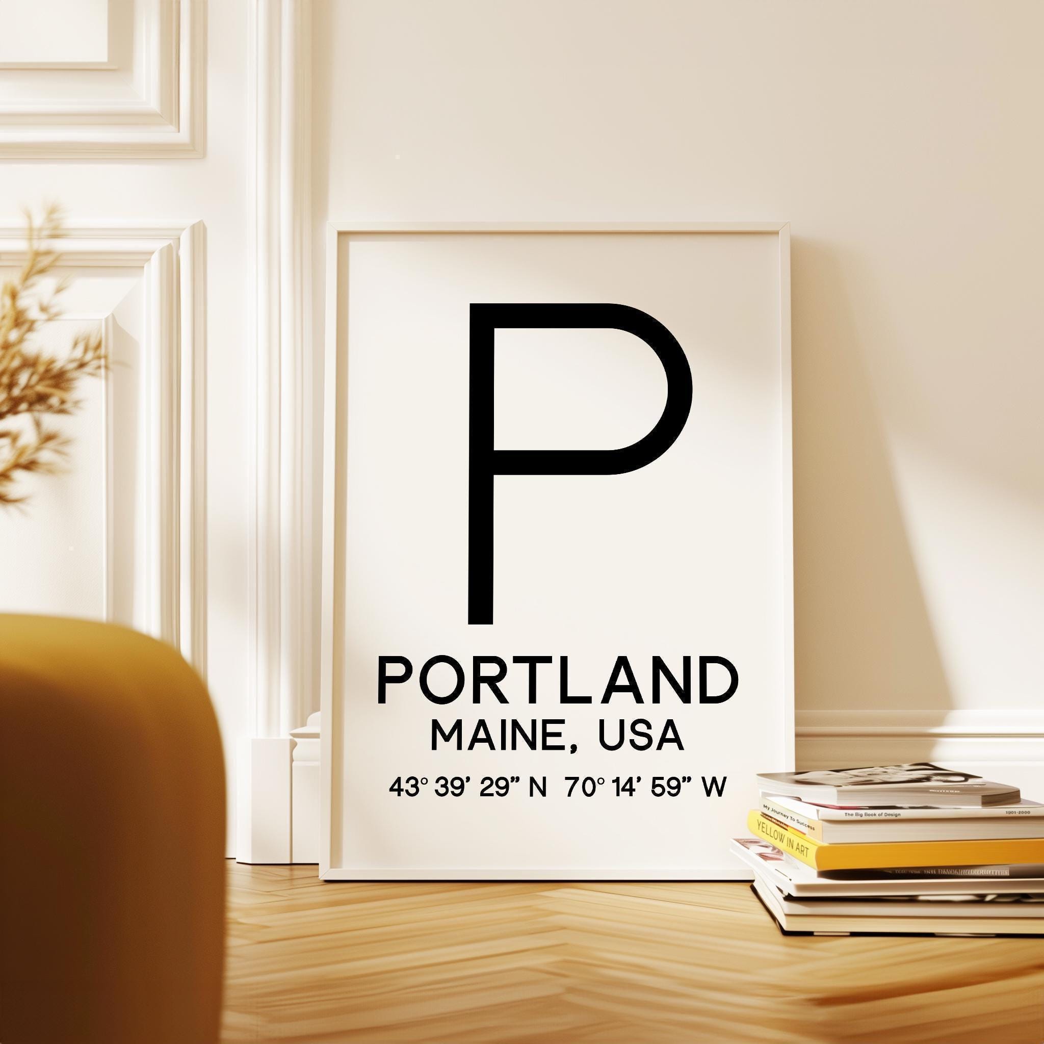 Portland, Maine with GPS Coordinates Typography Art Print,  Minimalist Wall Art