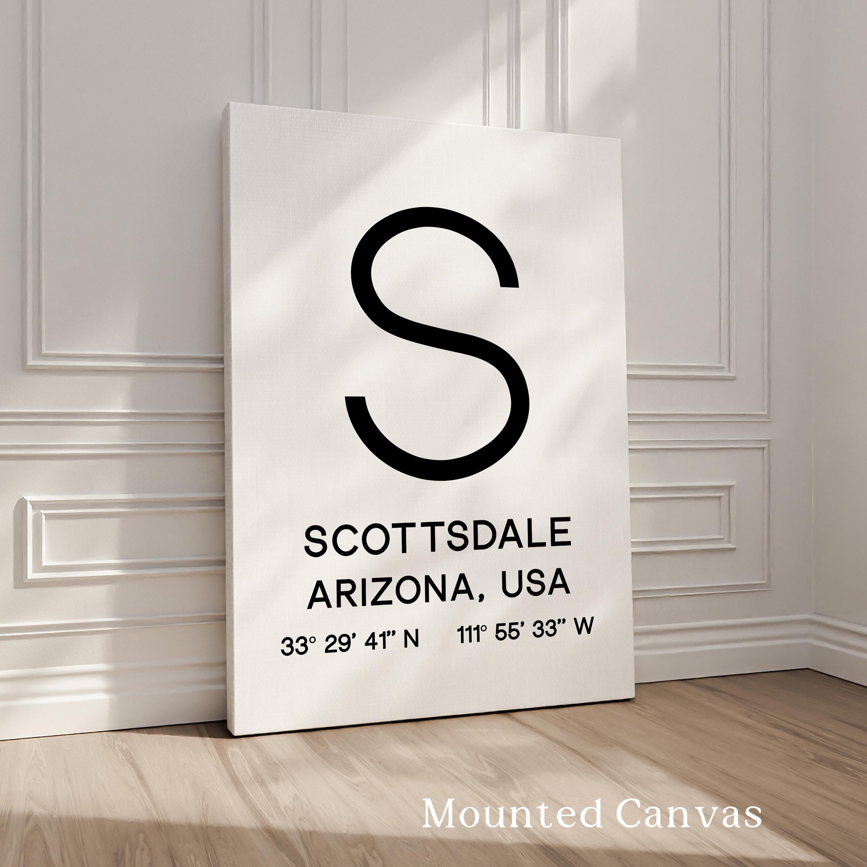 A white canvas with a large black letter "S" and geographical information about Scottsdale, Arizona, USA.