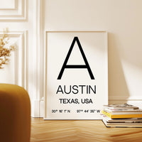 Austin, Texas with GPS Coordinates Typography Art Print
