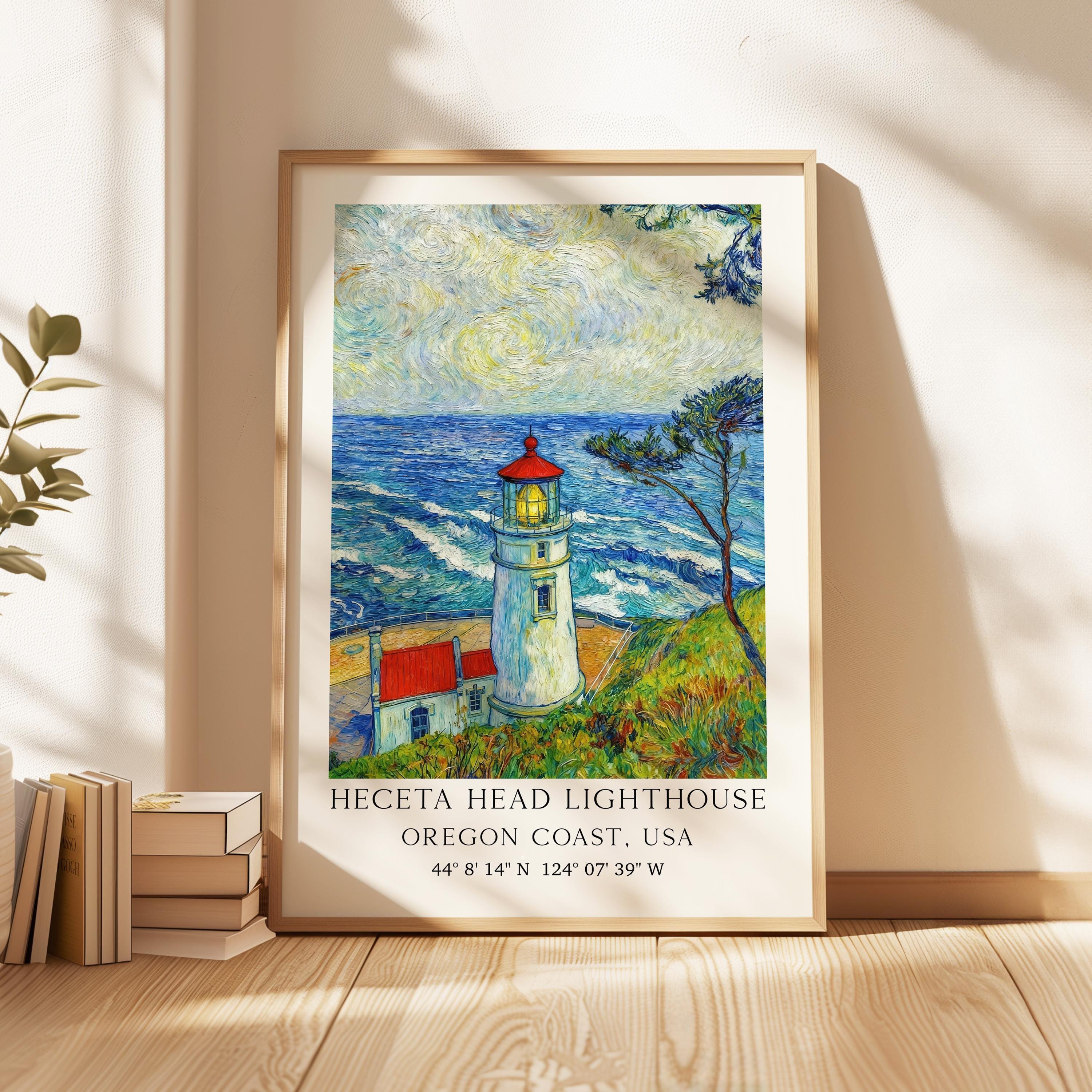 Heceta Head Lighthouse Wall Art: Oregon Coast Seascape,  Van Gogh Inspired