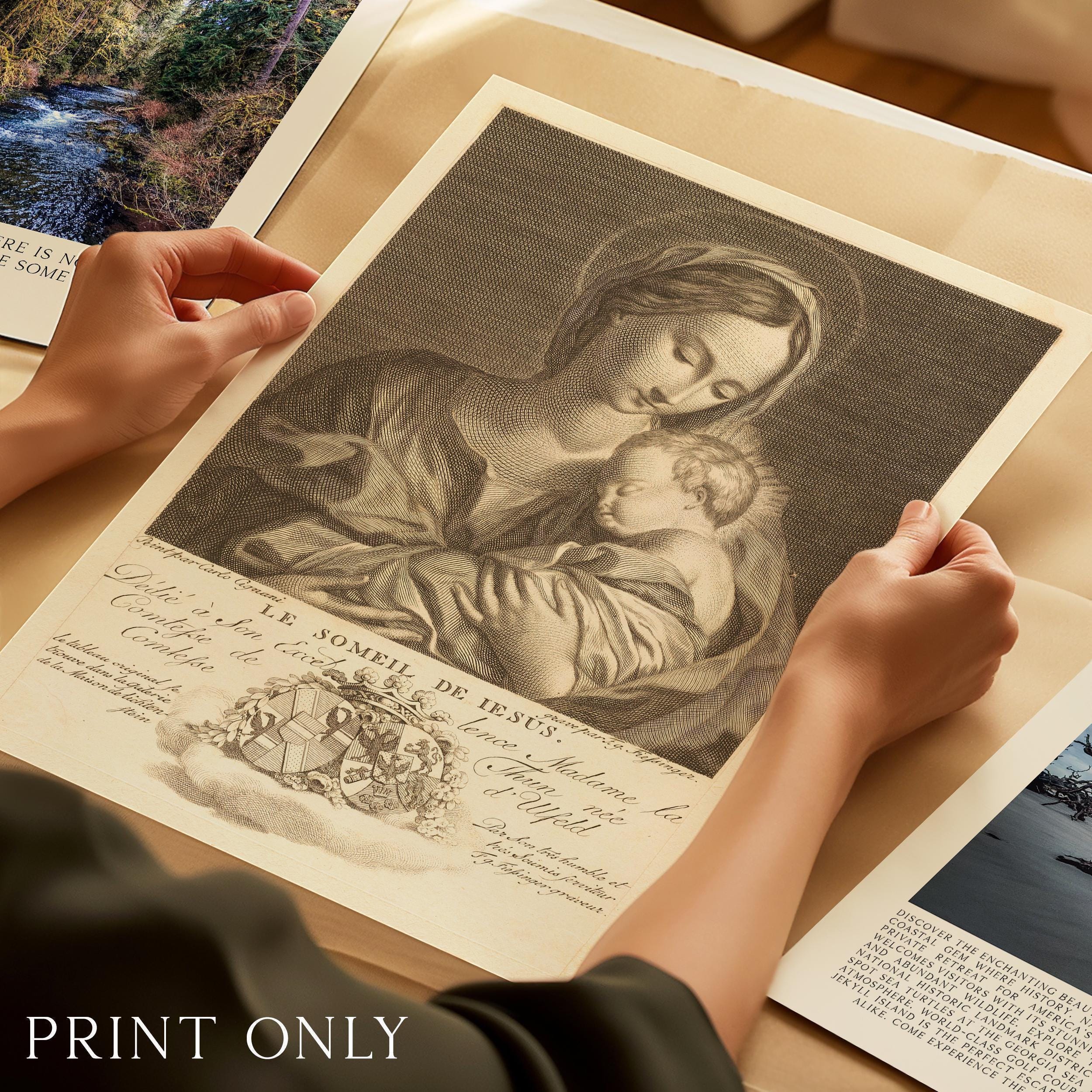 Le Sommeil de Jésus Vintage Art Print,  Virgin Mary & Baby Jesus - 1774 Engraving