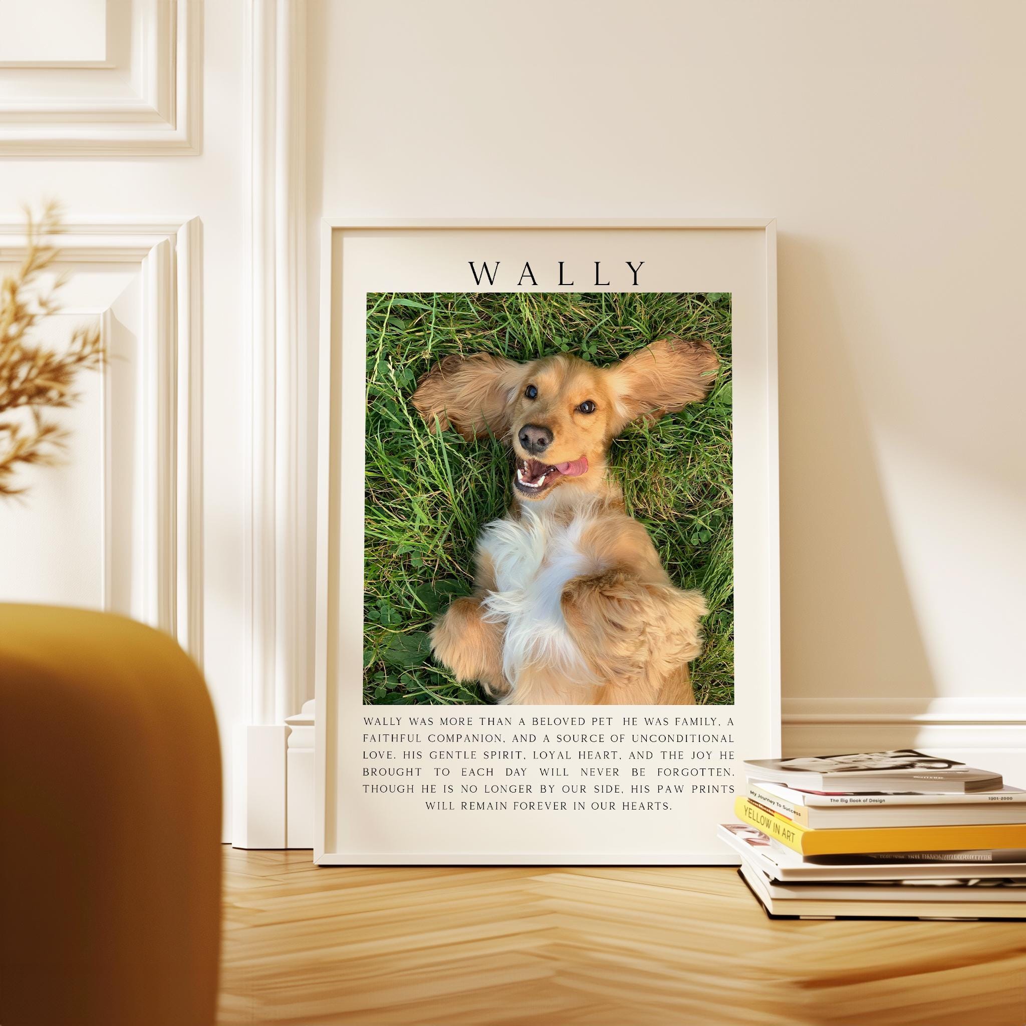 A framed photograph of a golden retriever dog lying on the grass, with a caption describing the dog as a beloved pet.
