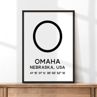 Omaha, Nebraska with GPS Coordinates Minimalist Art Print