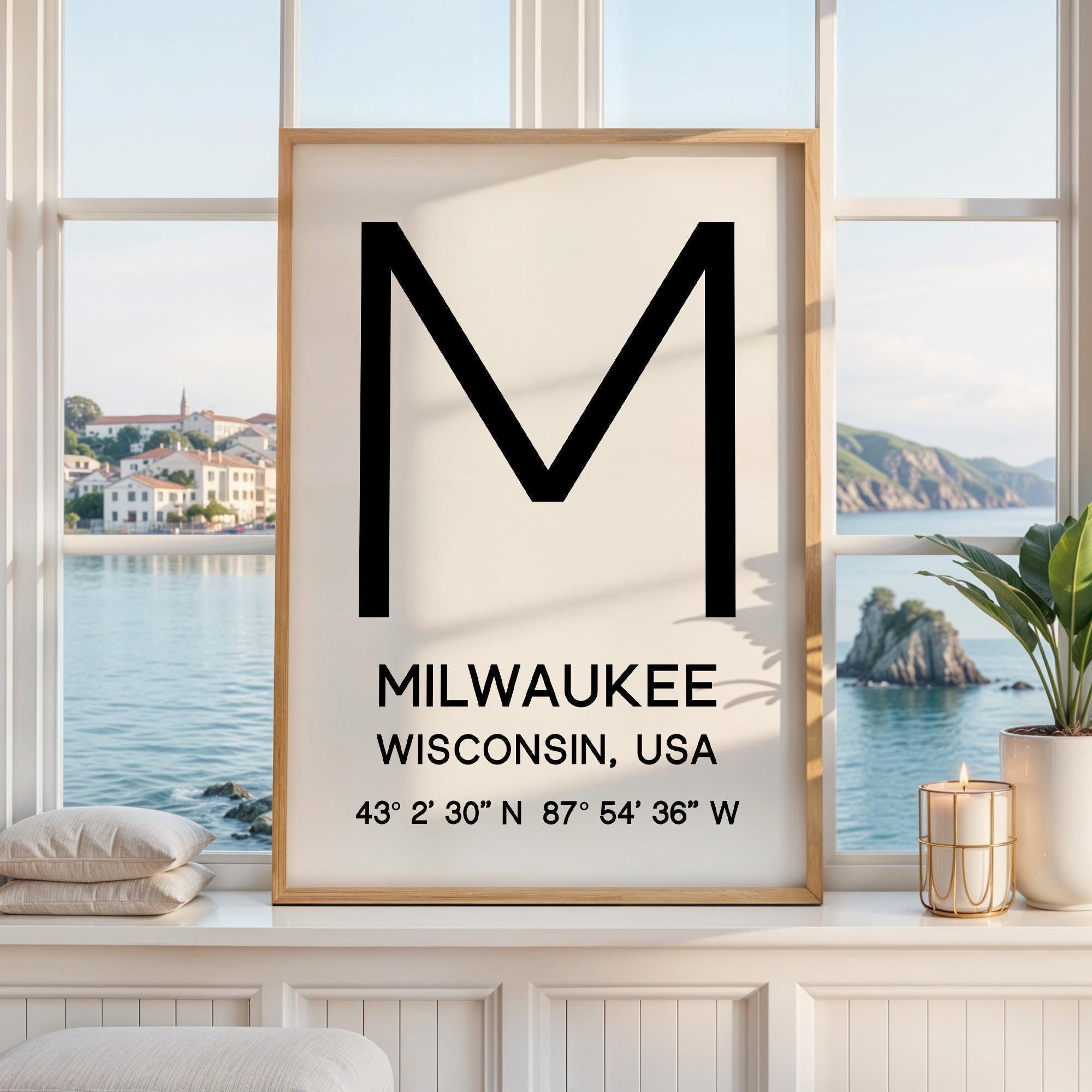 May include: A framed vertical wall art print featuring a large black letter M at the top. Below the letter, the text reads MILWAUKEE, WISCONSIN, USA, followed by the geographic coordinates 43° 2' 30" N 87° 54' 36" W in a clean, black sans-serif font.