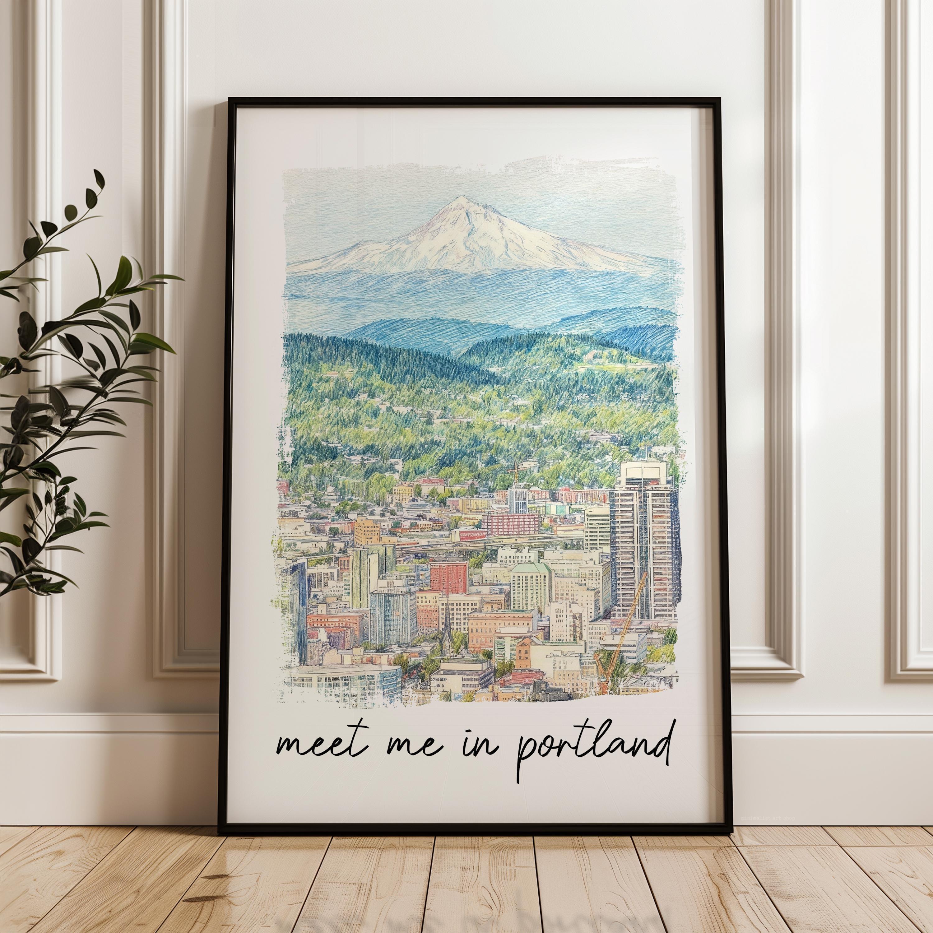 Meet Me in Portland Print,  Portland Skyline Art with Mount Hood - Travel Wall Decor