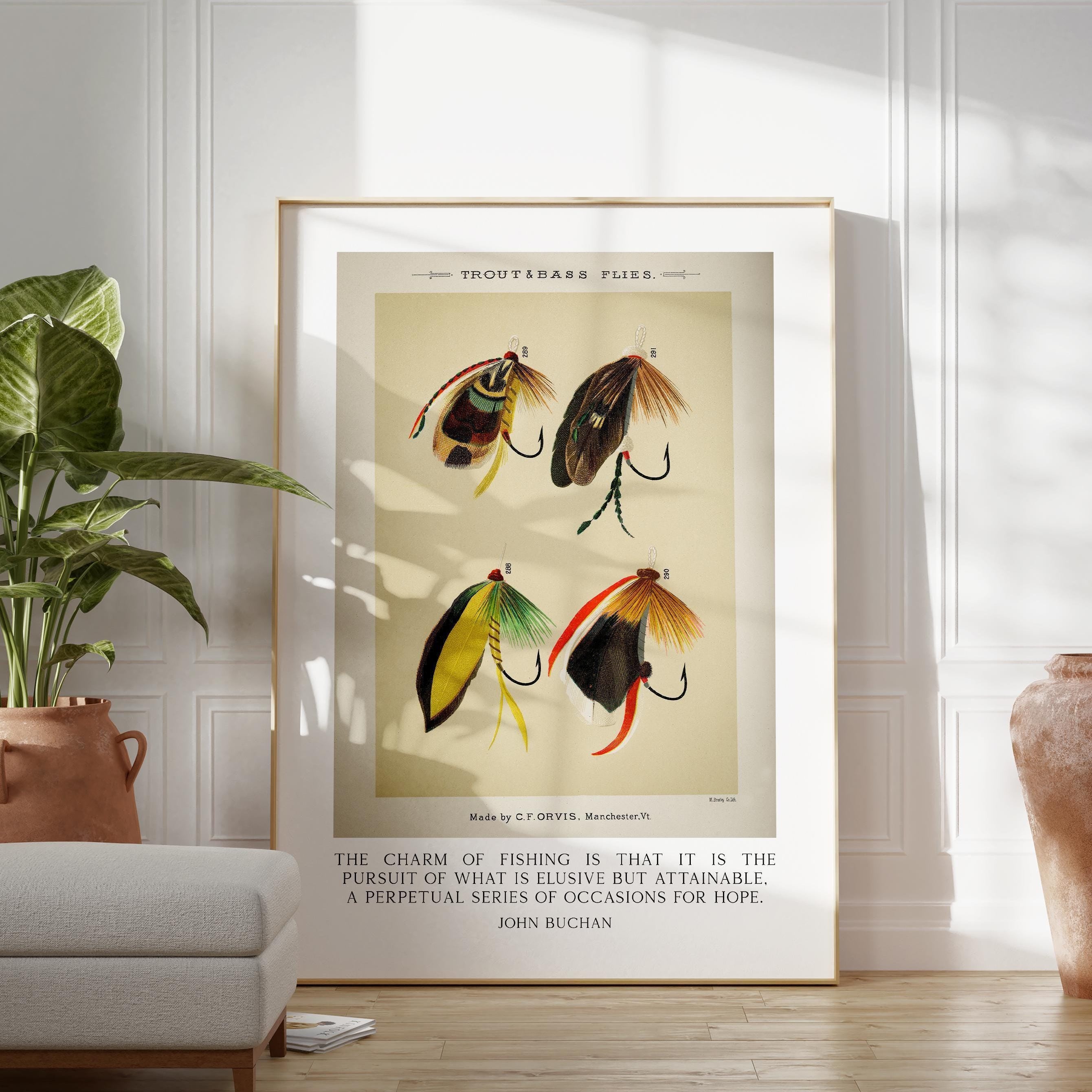 The charm of fishing is that it is the pursuit... John Buchan Quote featuring Trout & Bass Flies by Mary Orvis Marbury. Typography Art Print