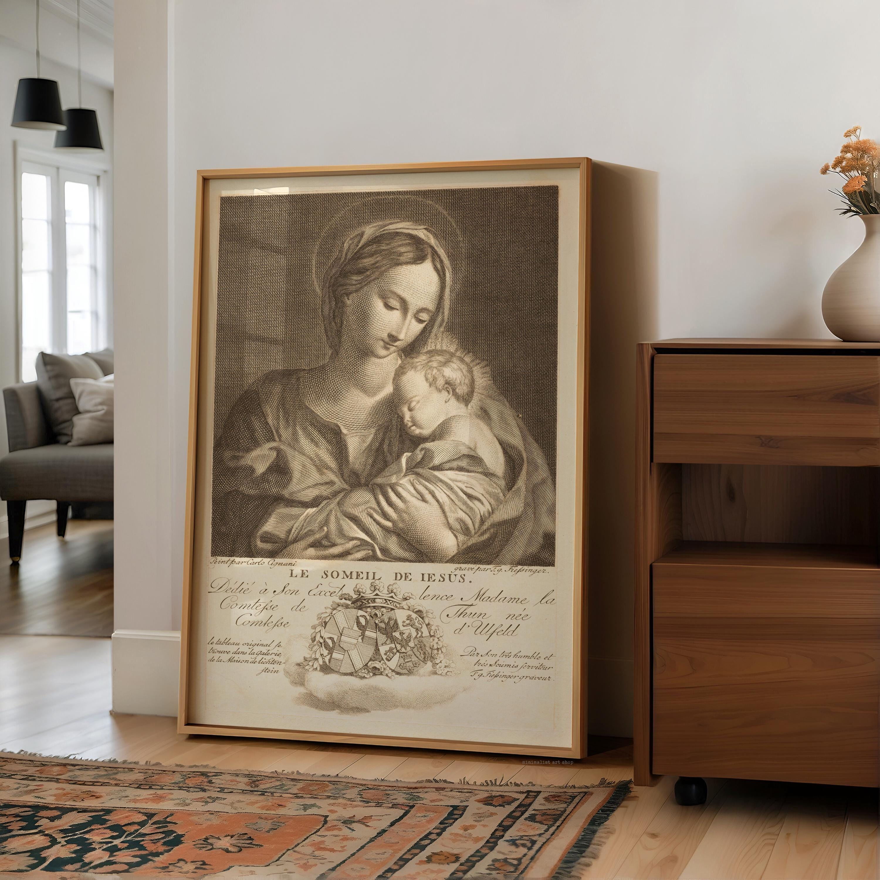 Le Sommeil de Jésus Vintage Art Print,  Virgin Mary & Baby Jesus - 1774 Engraving