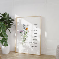 Psalm 46:5 God is within her, she will not fall. Typography Art Print with Wildflowers,  Faith,  Gift,  Christian