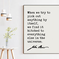 John Muir Quote,  When we try to pick out anything by itself, we find it hitched to everything else in the universe. Art Print