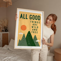 All Good Things Are Wild And Free Print, Retro Mountain Wall Art, Thoreau Quote