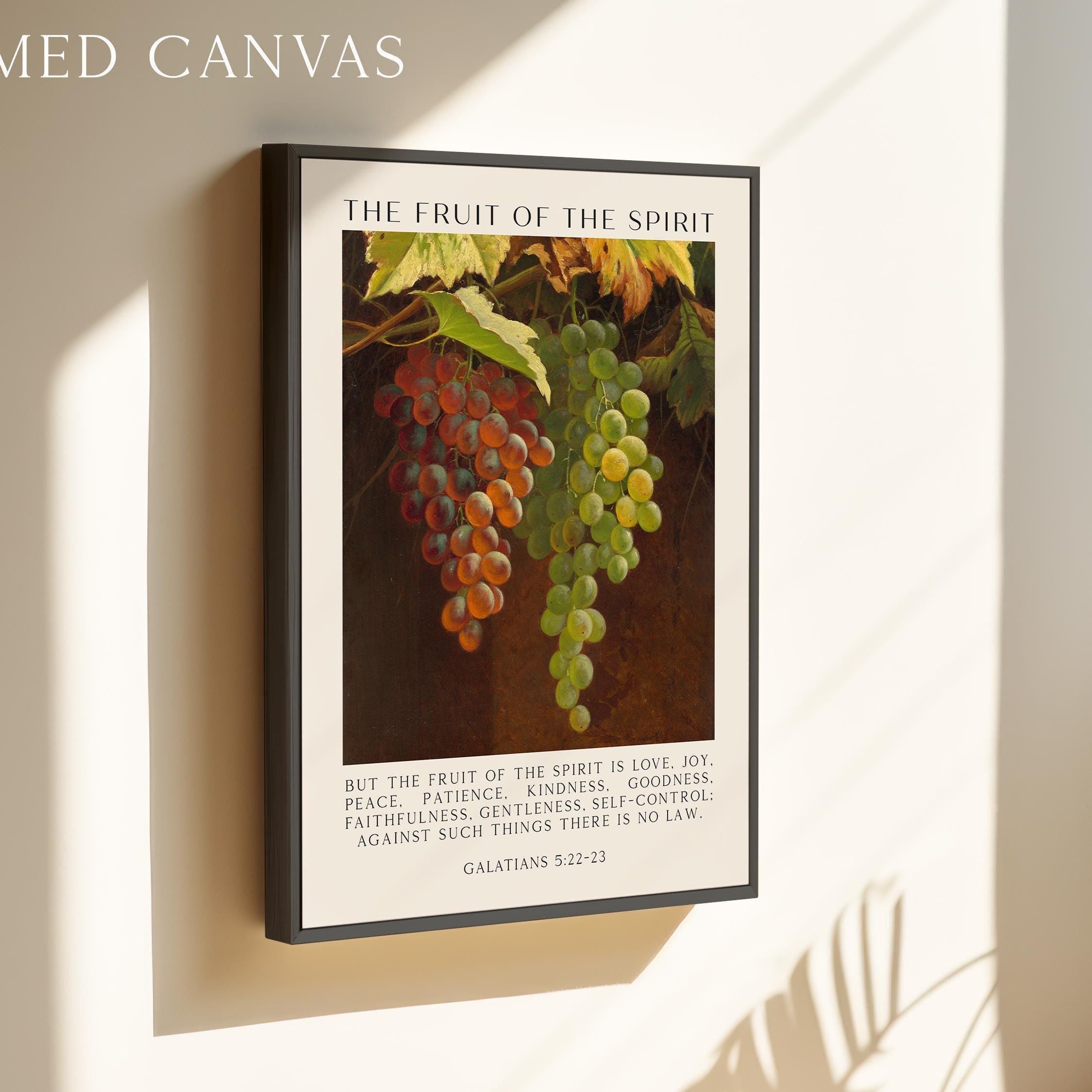 Fruit of the Spirit Bible Verse Wall Art,  Galatians 5:22–23,  Christian Typography Print with Grapes Painting