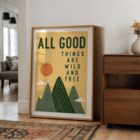 All Good Things Are Wild And Free Print, Retro Mountain Wall Art, Thoreau Quote