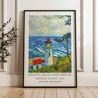 May include: A framed print of Heceta Head Lighthouse on the Oregon Coast, USA. The artwork depicts the lighthouse with a red roof and a bright light, set against a blue ocean and sky. The text at the bottom reads: HECETA HEAD LIGHTHOUSE OREGON COAST, USA 44° 8' 14" N 124° 07' 39" W.