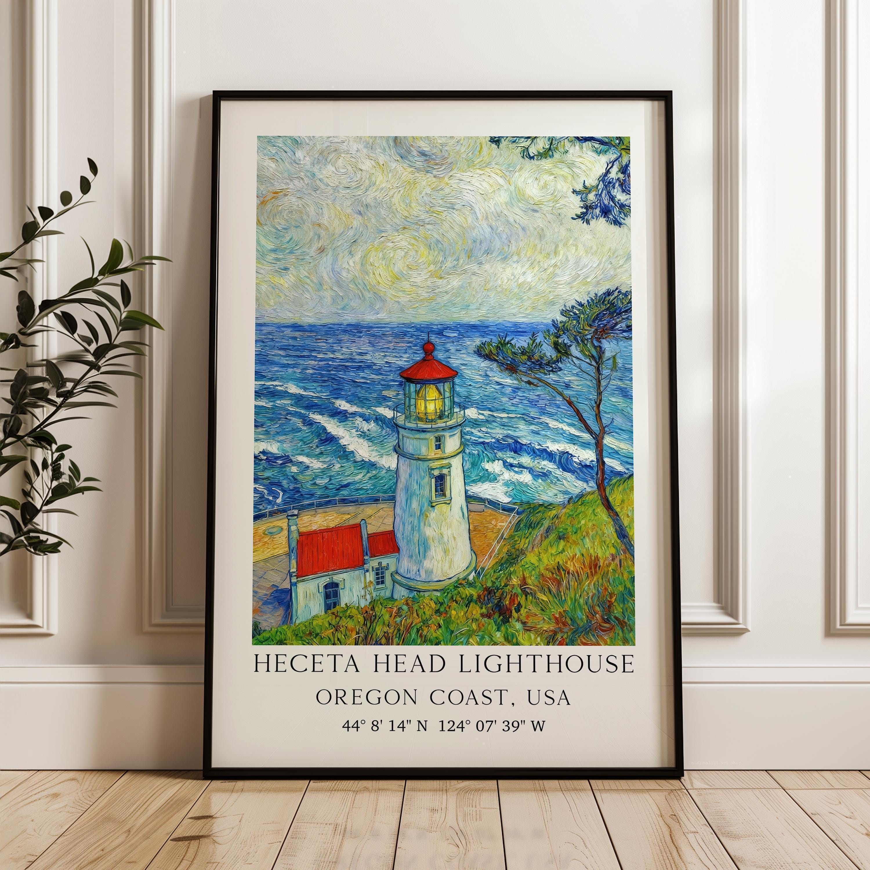 May include: A framed print of Heceta Head Lighthouse on the Oregon Coast, USA. The artwork depicts the lighthouse with a red roof and a bright light, set against a blue ocean and sky. The text at the bottom reads: HECETA HEAD LIGHTHOUSE OREGON COAST, USA 44° 8' 14" N 124° 07' 39" W.