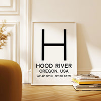 Hood River, Oregon with GPS Coordinates Typography Art Print,  Minimalist Wall Art