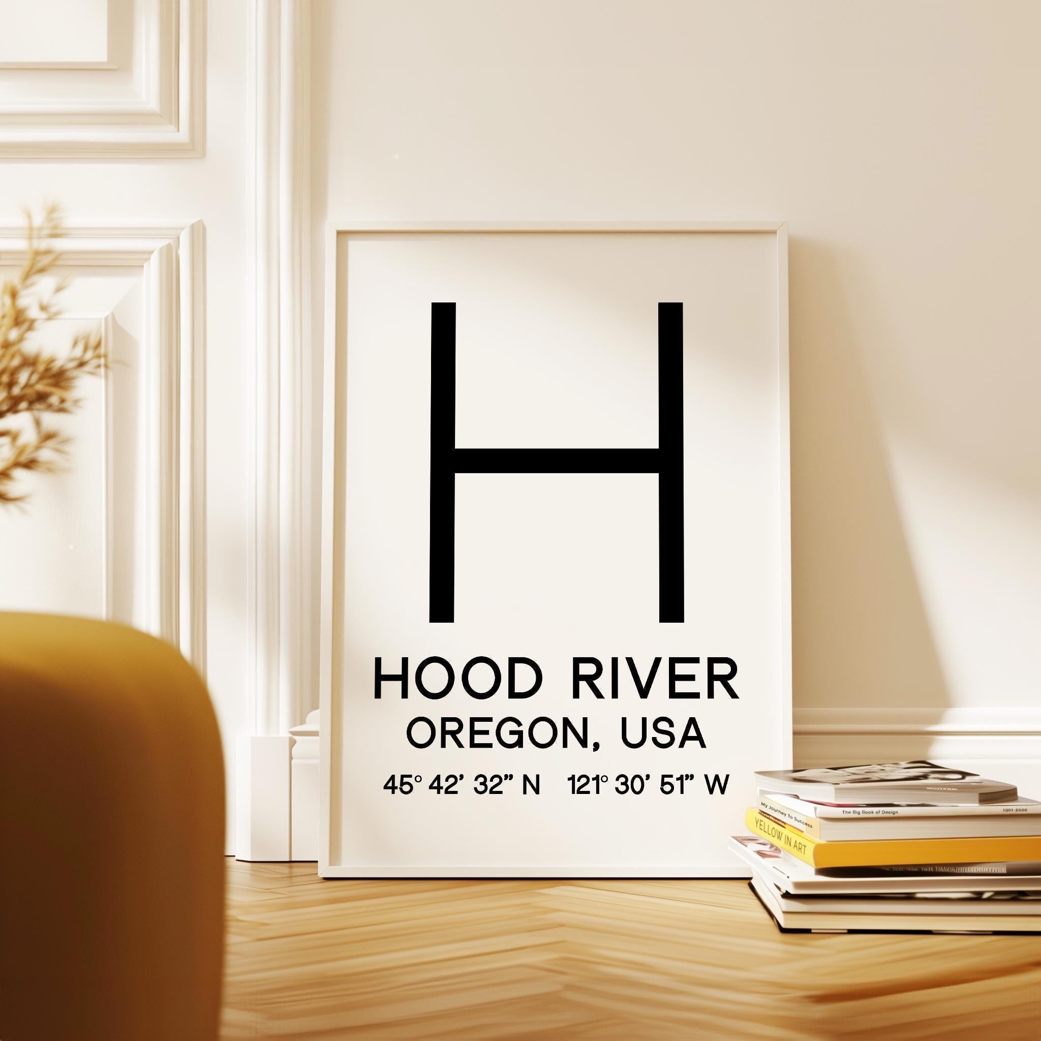 Hood River, Oregon with GPS Coordinates Typography Art Print,  Minimalist Wall Art