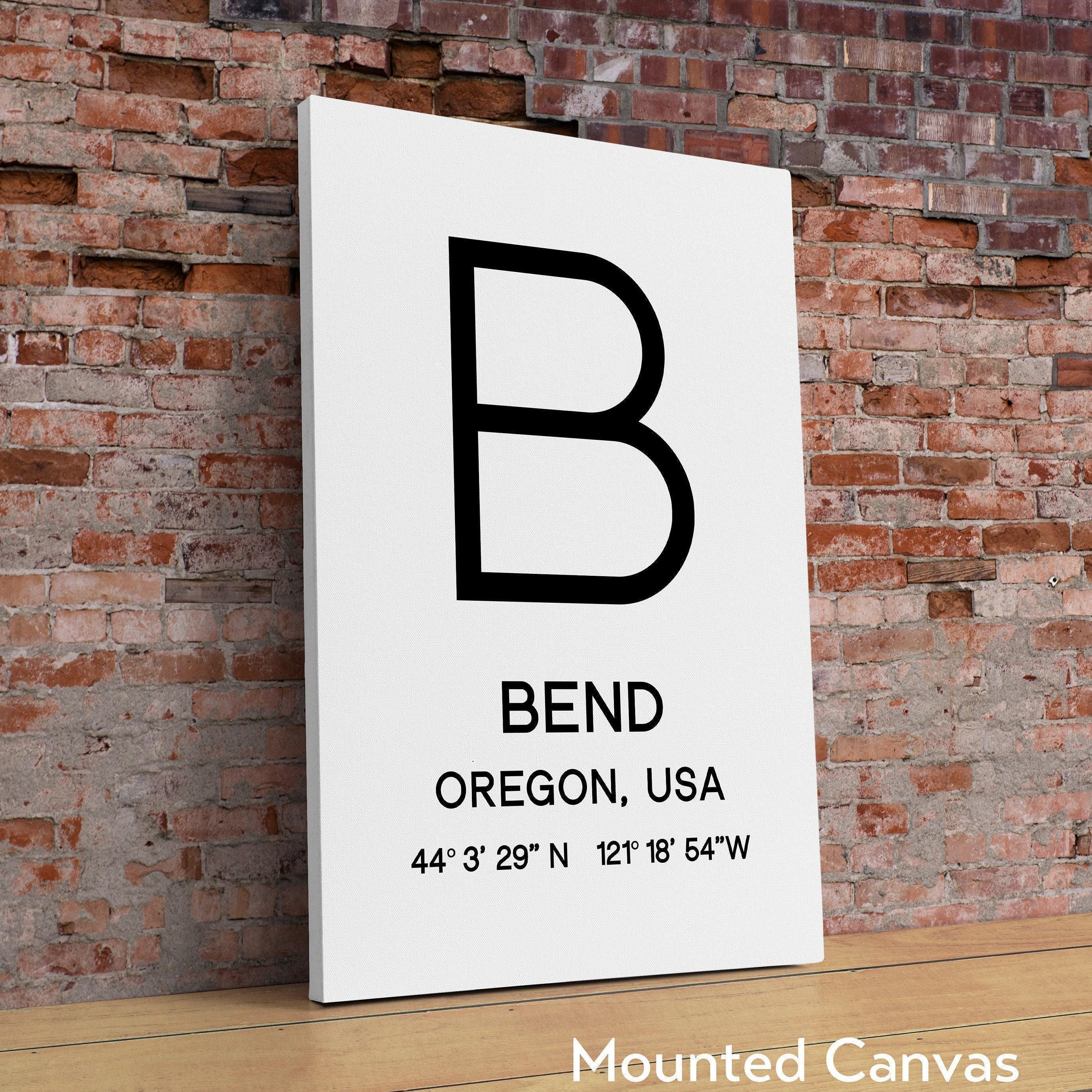 Bend Oregon with GPS Coordinates Typography Minimalist Art Print