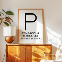 Pensacola, Florida with GPS Coordinates Minimalist Typography Art Print