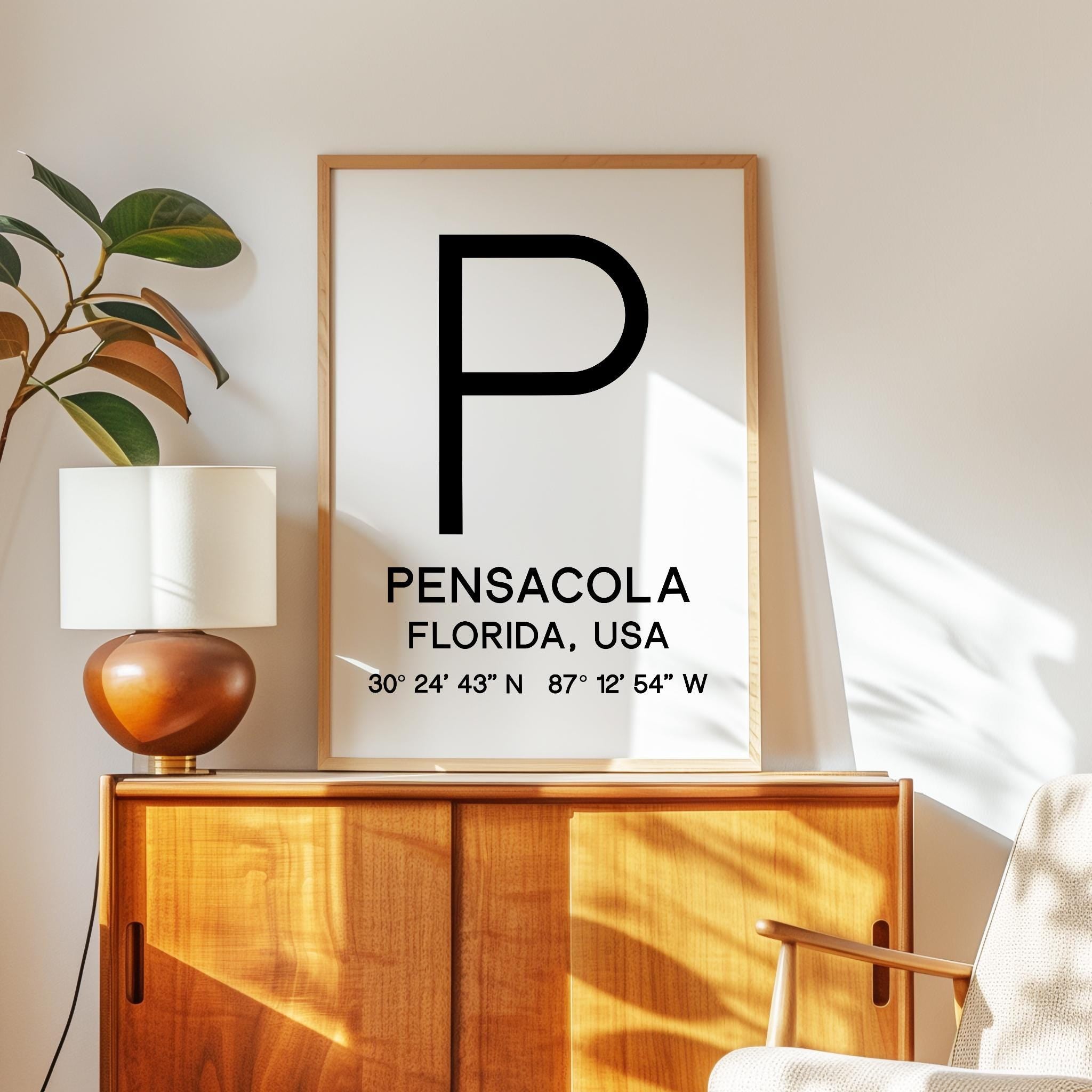Pensacola, Florida with GPS Coordinates Minimalist Typography Art Print