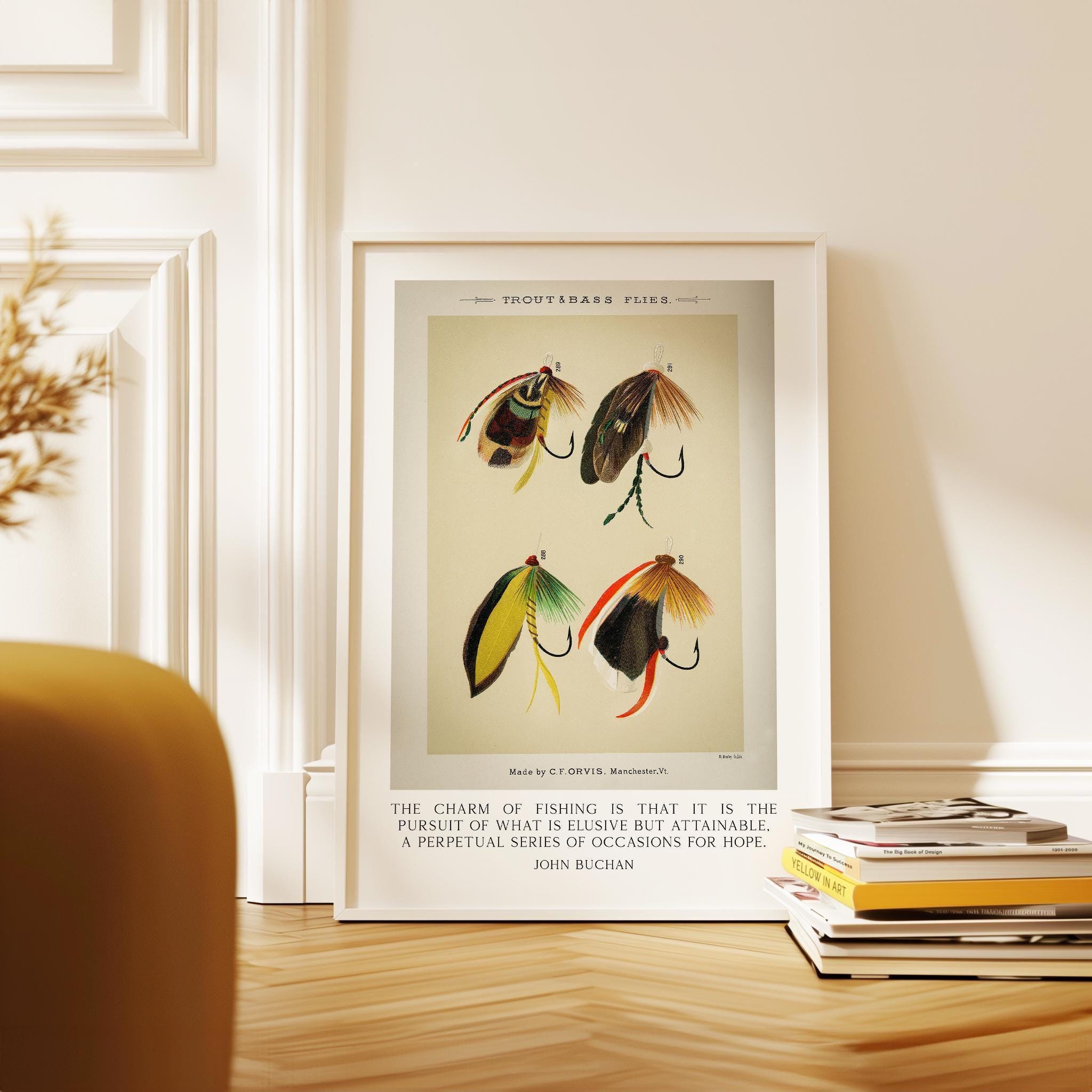 The charm of fishing is that it is the pursuit... John Buchan Quote featuring Trout & Bass Flies by Mary Orvis Marbury. Typography Art Print