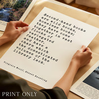 Virginia Woolf Quote Print, Second Hand Books Wall Art, Literary Typography, Book Lover Gift
