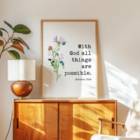 Matthew 19:26 Verse Print, With God All Things Are Possible, Christian Art, Floral