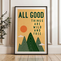 All Good Things Are Wild And Free Print, Retro Mountain Wall Art, Thoreau Quote