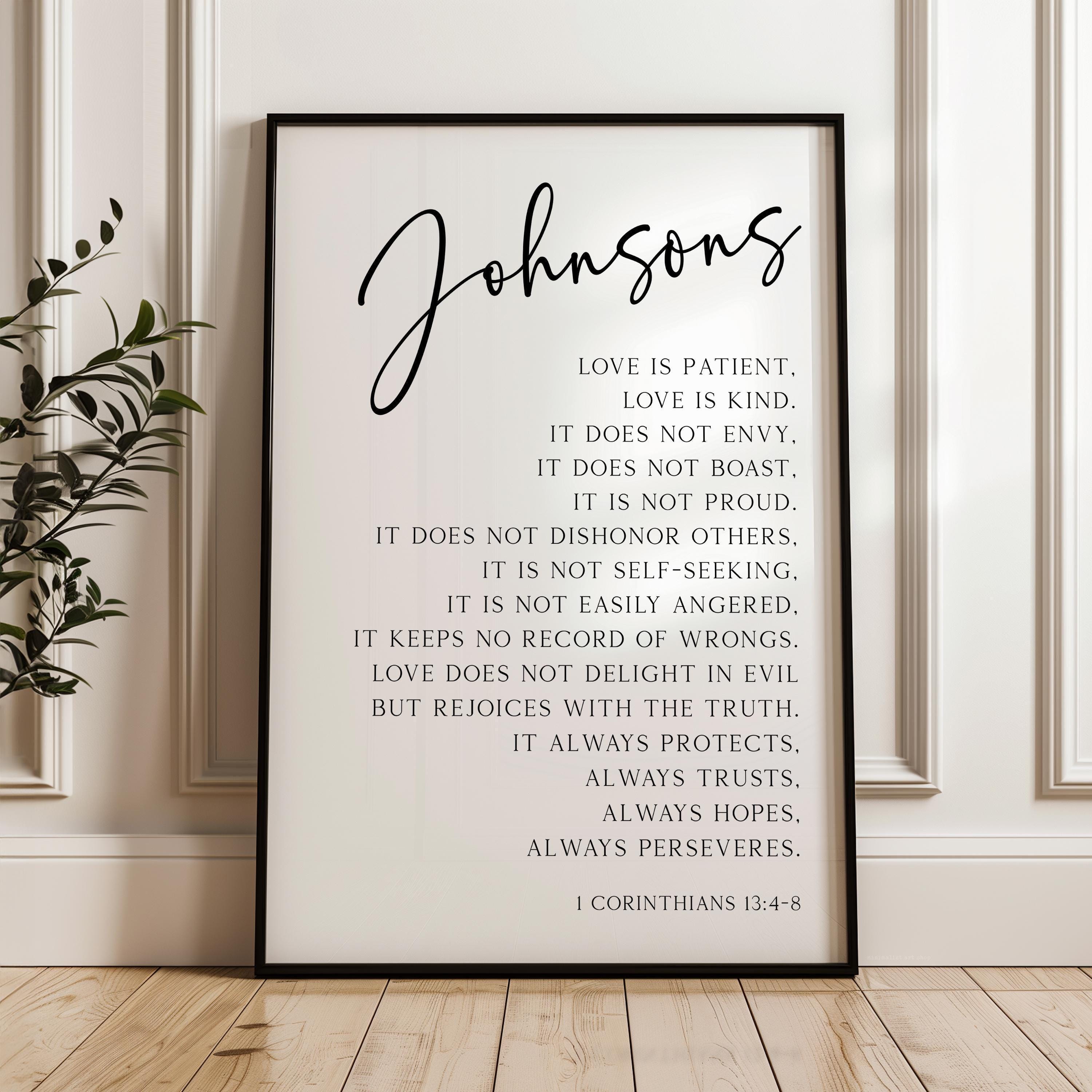 Personalized Family Name Scripture Print, Love Is Patient Kind, 1 Corinthians 13:4-8, Anniversary Gift