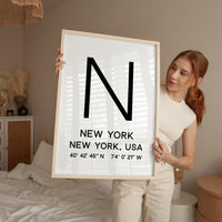 New York Typography Print, NYC Minimalist Wall Art, GPS Coordinates