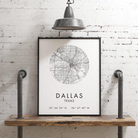 Dallas, Texas City Street Map with GPS Coordinates Art Print,  Office - Home Decor - Restaurant - Apartment - Condo - Typography