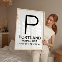 Portland, Maine with GPS Coordinates Typography Art Print,  Minimalist Wall Art
