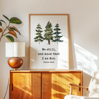 Be Still and Know That I Am God Print, Psalm 46:10 Wall Art, Christian Home Decor, Watercolor Trees