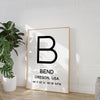 Bend Oregon with GPS Coordinates Typography Minimalist Art Print