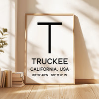 Truckee, California with GPS Coordinates Minimalist Art Print,  Travel,  Ski,  Sierra Nevada