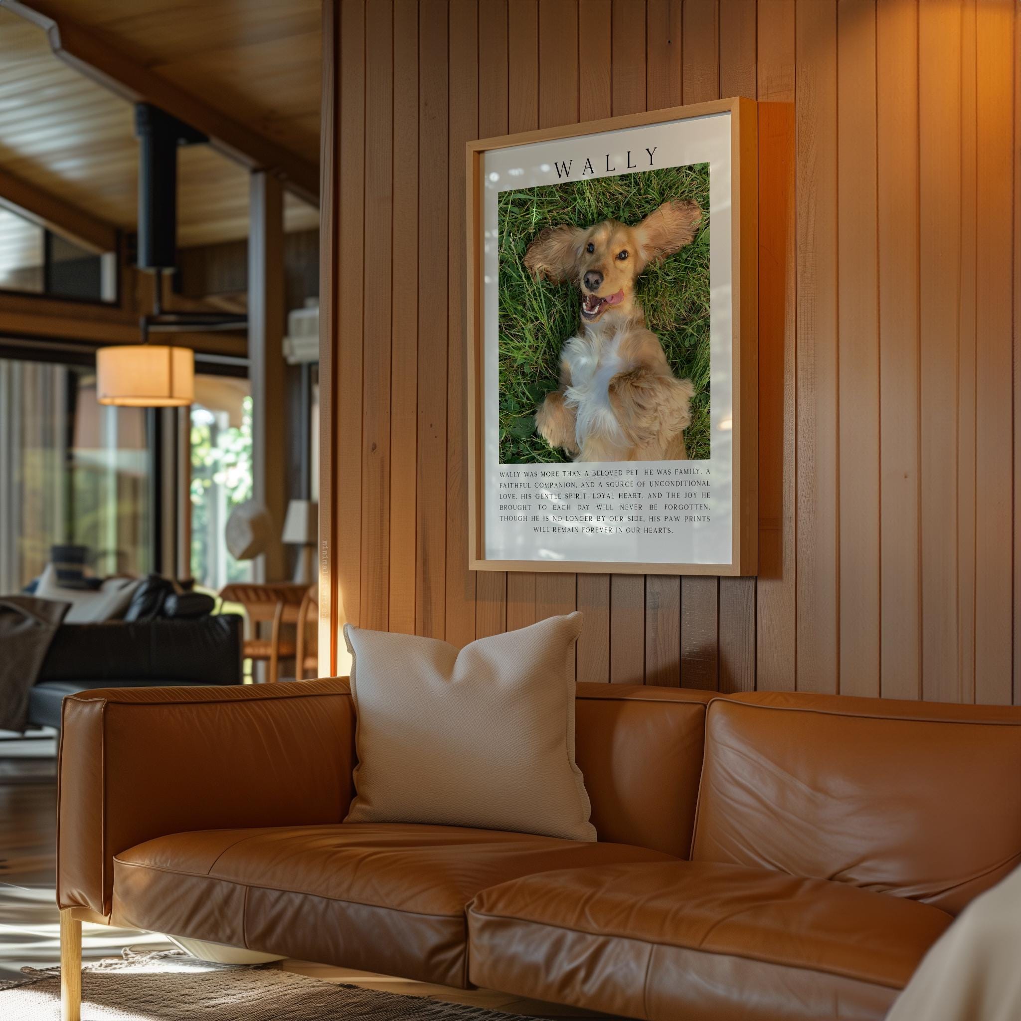 a framed photograph of a dog, specifically a Dalmatian, sitting in the grass. The photograph is hanging on a wooden wall, and there is a brown leather couch in the foreground.