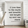 I Love Thee To The Depth ... My Soul Can Reach,  Elizabeth Barrett Browning,  Typography Art Print Sonnets from the Portuguese (1850)