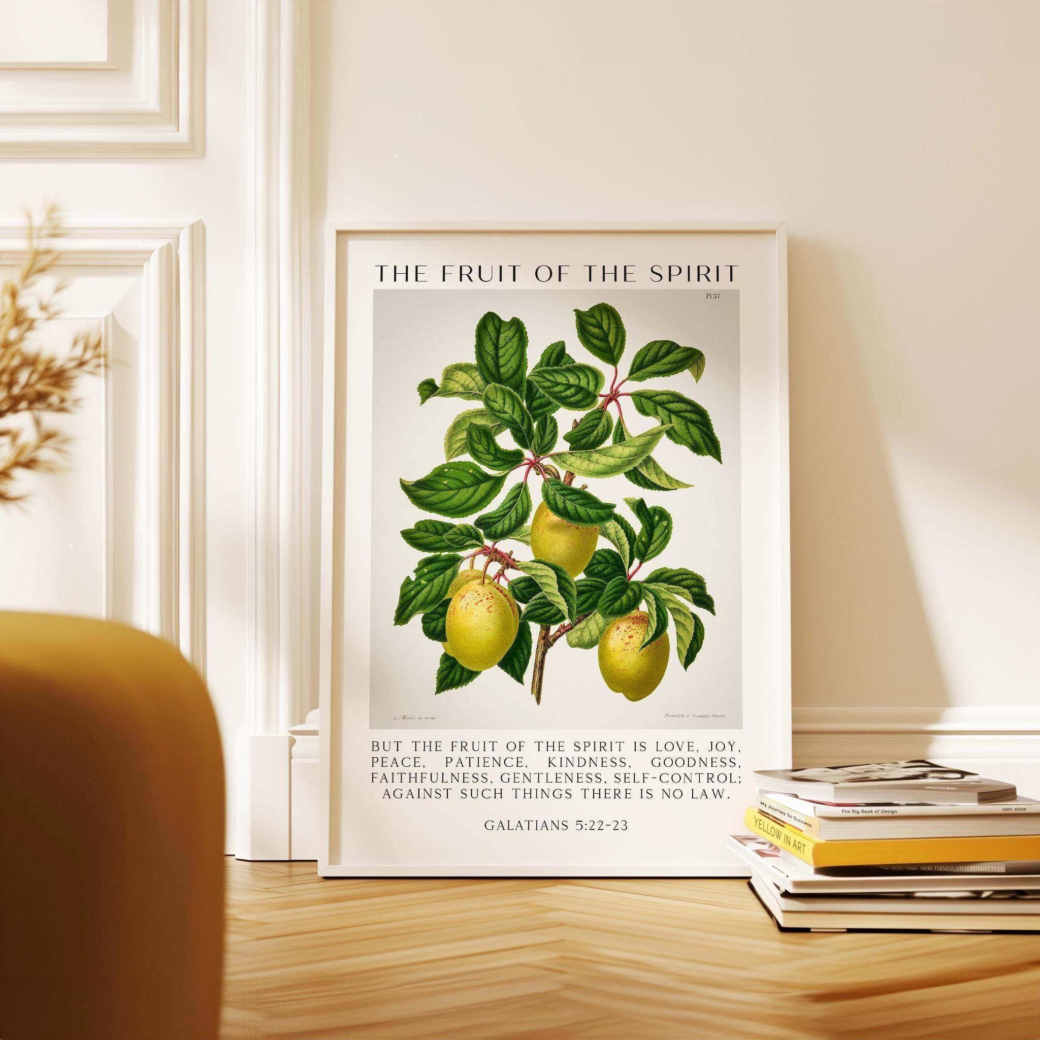 Fruit of the Spirit Typography Wall Art,  Galatians 5:22–23 Scripture Print,  Christian Botanical Plum Illustration Home Décor