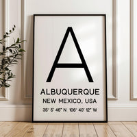 Albuquerque New Mexico Wall Art, GPS Coordinates Print, City Typography, Travel Decor