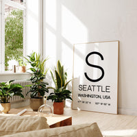 Seattle, Washington with GPS Coordinates Typography Wall Art Print,  Office,  Home Decor,  Restaurant,  Apartment,  Condo • Gift