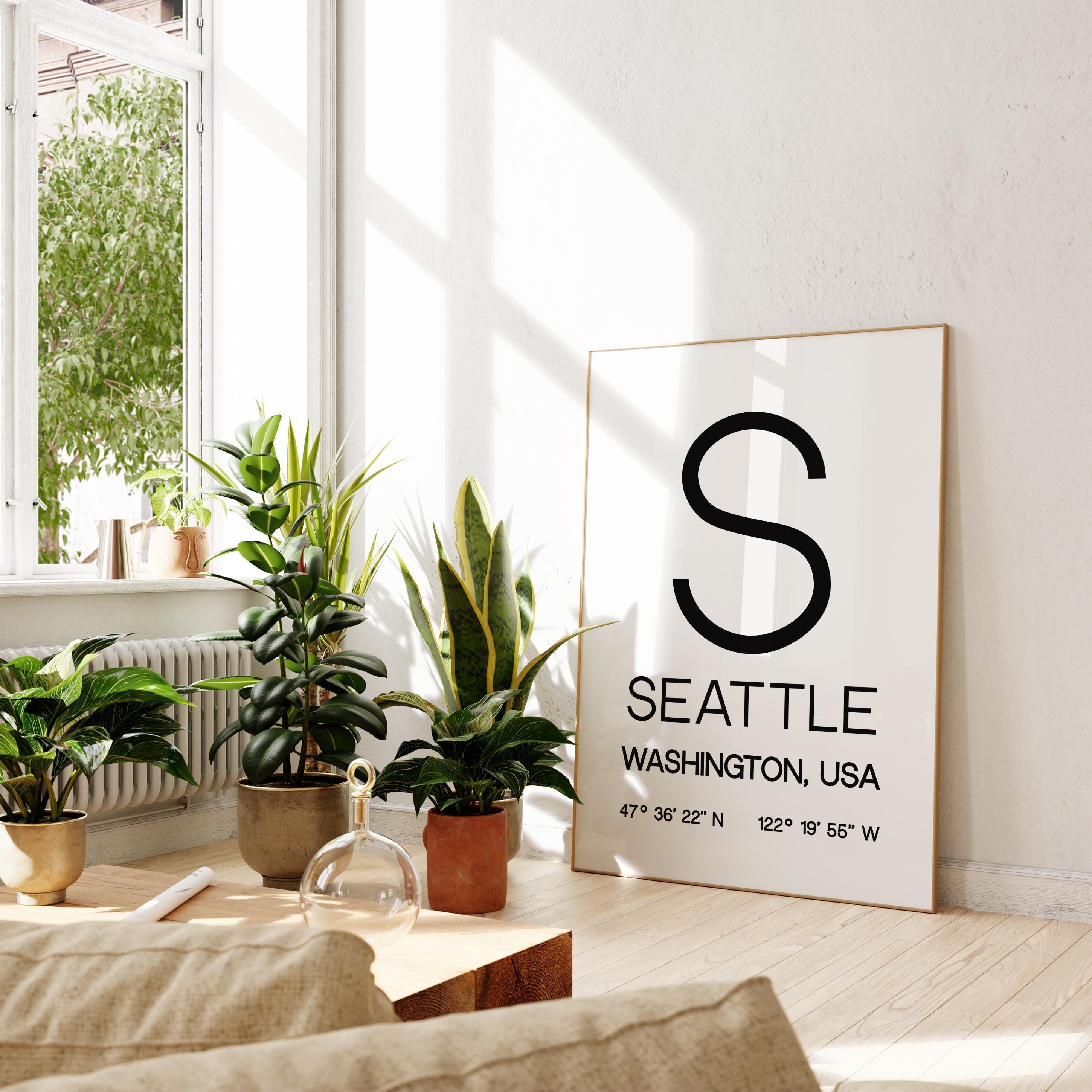 Seattle, Washington with GPS Coordinates Typography Wall Art Print,  Office,  Home Decor,  Restaurant,  Apartment,  Condo • Gift
