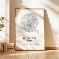 A framed map of Austin, Texas, with the city's location and coordinates displayed.