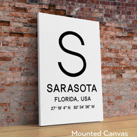 Sarasota, Florida with GPS Coordinates Minimalist Typography Art Print