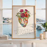 Psalm 51:10 Wall Art, Create In Me Clean Heart Print, Christian Floral Bible Decor