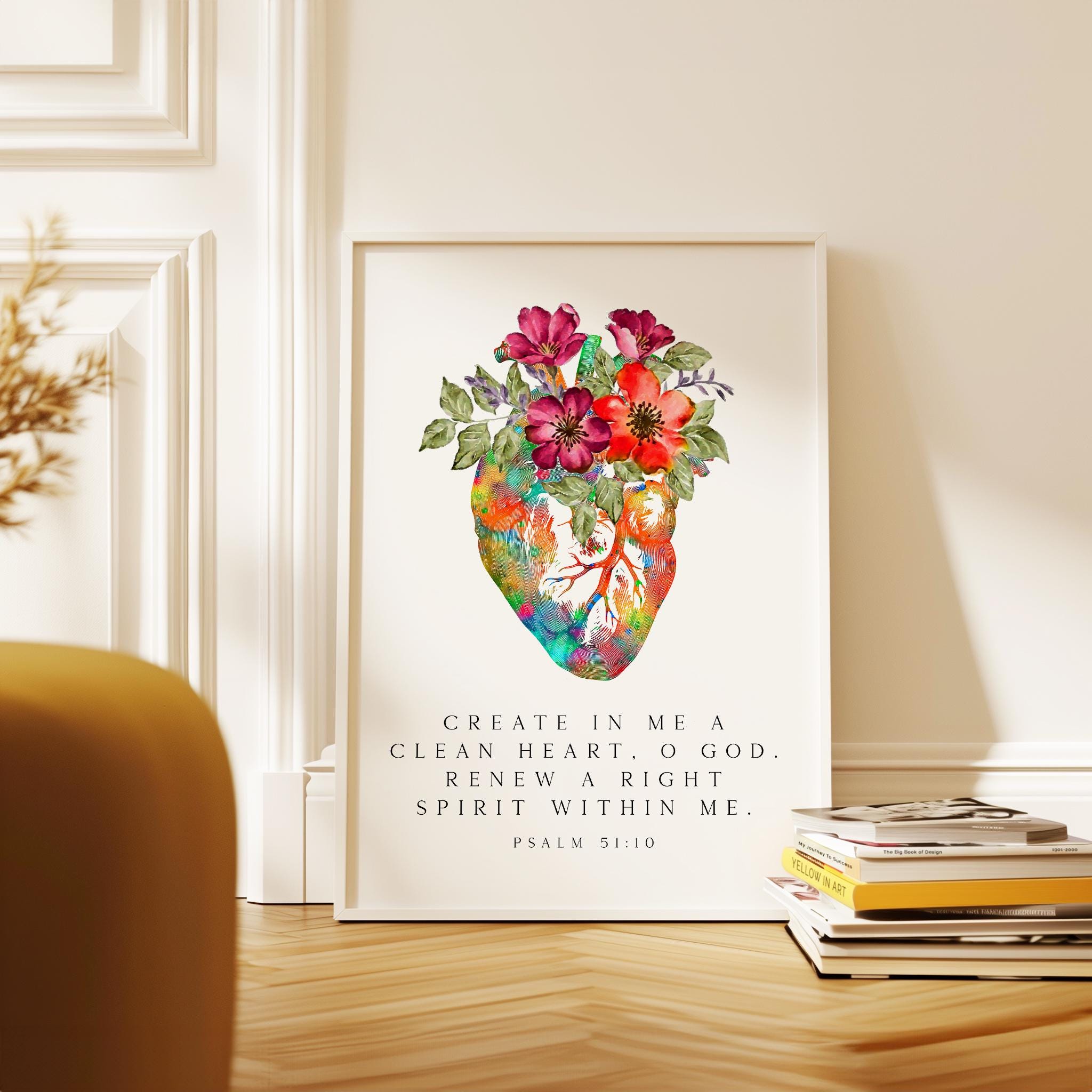 Psalm 51:10 Wall Art, Create In Me Clean Heart Print, Christian Floral Bible Decor