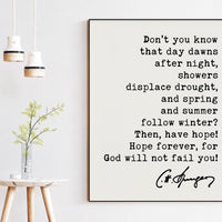 Charles Spurgeon Quote,  Don't you know that day dawns after night, showers displace drought ... for God will not fail you! Art Print